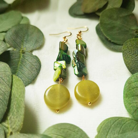 Coastal Green Mother of Pearl & Serpentine Stone Earrings: 24k Gold Plated Hooks - Picture 6 of 10